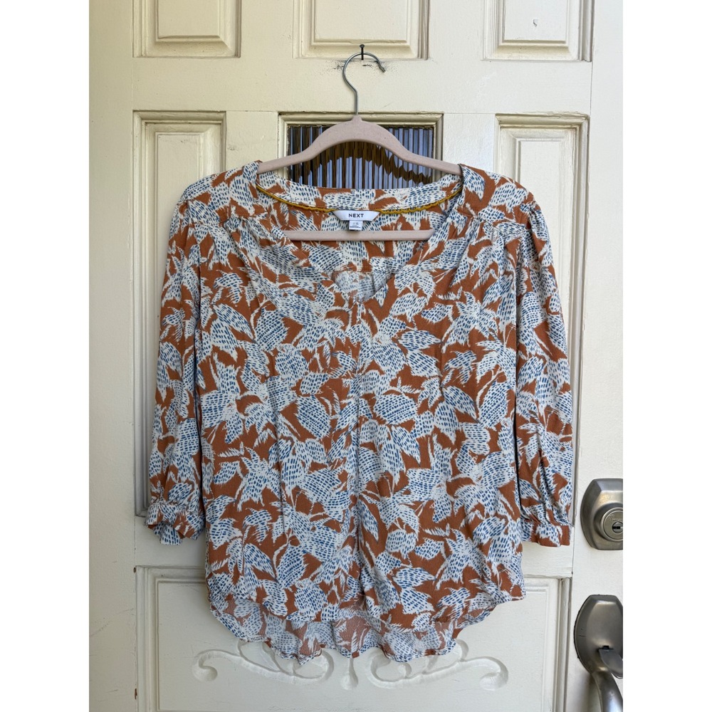 Next Women Rust Orange Blue Abstract Leaf Print V-Neck 3/4 Sleeve Blouse Size 6